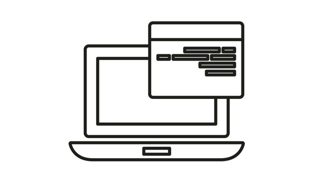Minimalist black line art vector icon illustration of a laptop computer with a code window or browser interface overlay, representing software development, programming, and web design concepts.