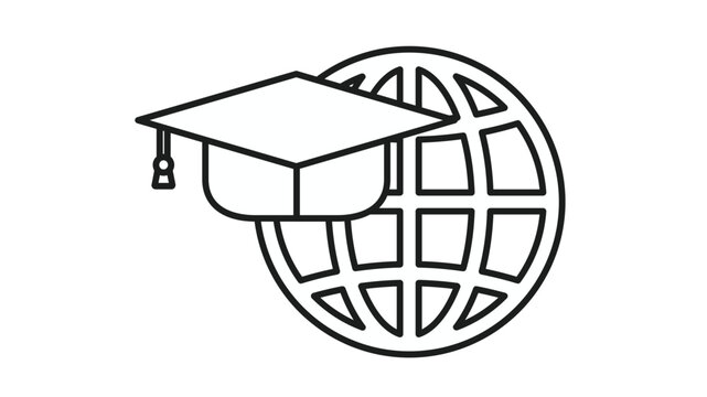 Global education vector icon featuring a black line art graduation cap mortarboard in front of an earth globe symbol, representing international studies, online learning, and academic success.