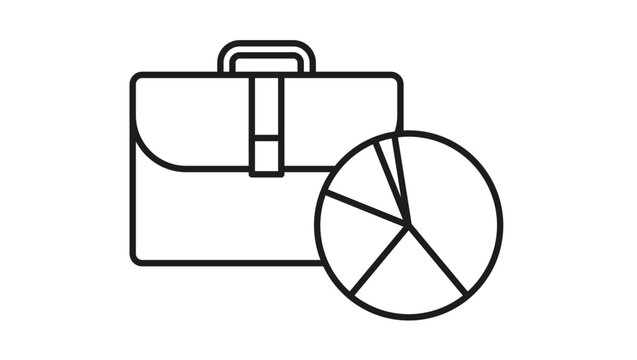 Business briefcase and pie chart data analysis vector icon illustration. Minimalist black line art symbol for professional work, financial statistics, market share, and corporate reports.