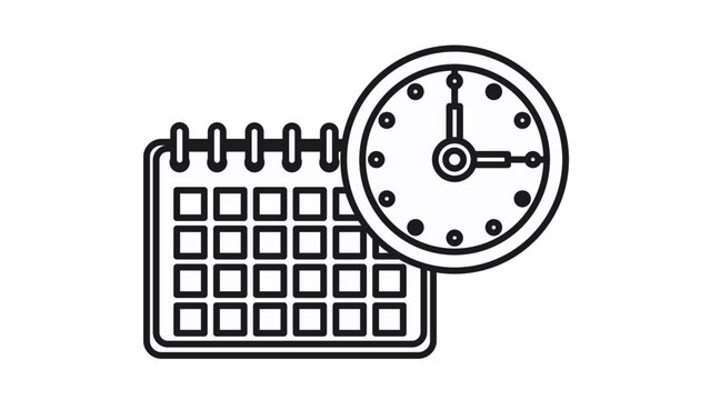 Minimalist black line art vector illustration of a calendar and a round analog clock, symbolizing time management, scheduling, project planning, appointment booking, and deadline organization.