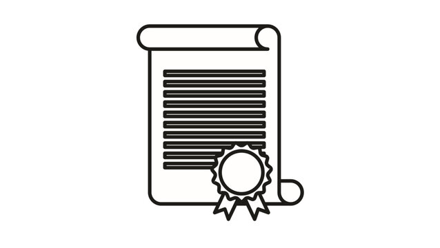 Black line art vector icon of a certificate or diploma scroll with a wax seal and ribbons, representing achievement, graduation, legal documents, or official awards isolated on a white background.