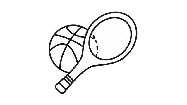 Black and white vector icon illustration of a tennis racket and a basketball, representing sports equipment, fitness activities, and competitive games, isolated on a clean white background.