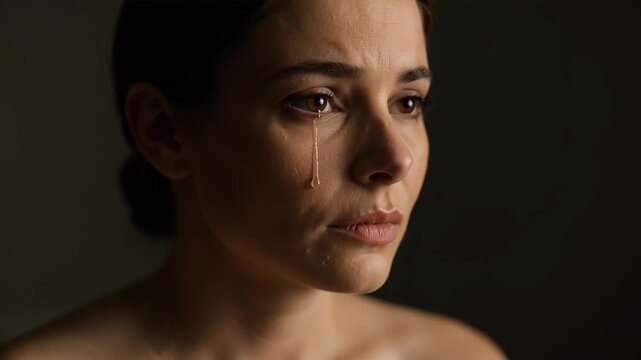 Emotional close-up of a sorrowful woman, a single tear tracing a path of profound sadness