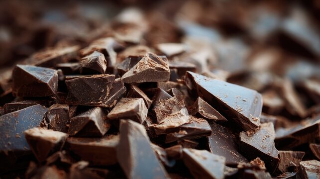 Elegent photo of  heap of broken chocolate pieces, close up.