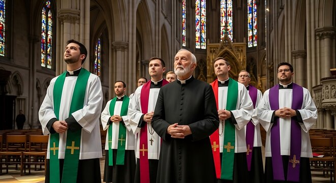 Clergy members in a church, looking upwards, solemn.