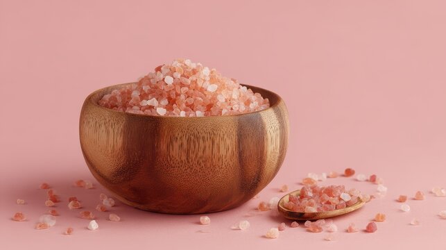 Elegent photo of  himalayan pink salt in a wooden bowl against a pastel pink background with copy space for text placement.