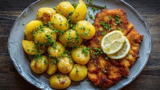 Elegent photo of  homemade breaded german weiner schnitzel with potatoes. top view.
