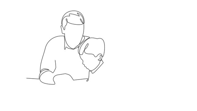 Teacher Helping Child read Carefully. Passing on Knowledge Concept. Single line draw design Video 4k. Footage graphic illustration