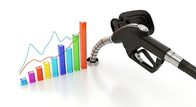 Gasoline pump nozzle pouring into rising colorful bar graph, representing fuel cost increase and economic growth, petroleum market trends