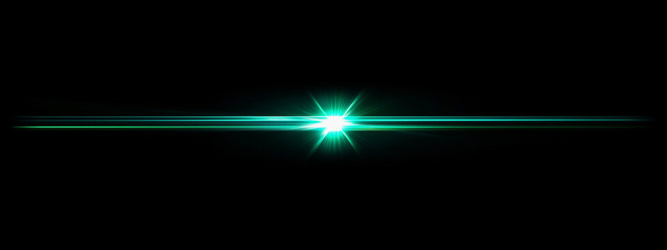 Green Neon Lens Flare Starburst with Horizontal Light Rays on Black Background, Futuristic Optical Glow Effect.