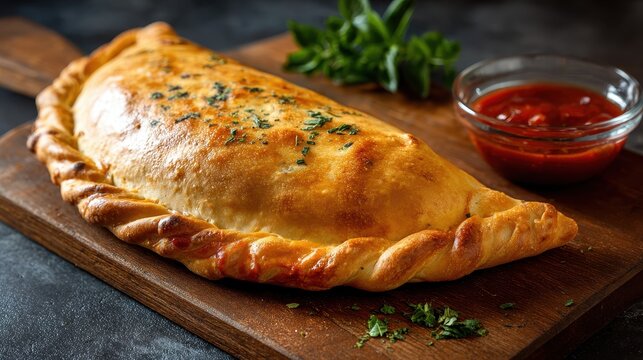 Elegent photo of  homemade fresh baked closed calzone pizza. Italian food.