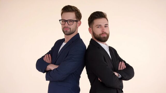 Video of two professional adults standing back to back confident business partners teamwork corporate portrait leadership collaboration concept