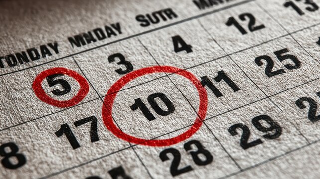 A close-up of a calendar page with the 5th and 10th dates circled in red.