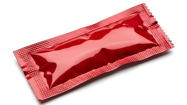 A single red condoms packet on a white background with a slight shadow.