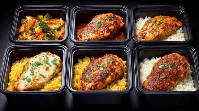 Six individual prepackaged meal containers display various seasoned poultry and side dishes