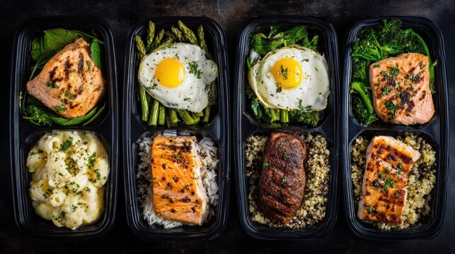 Multiple prepackaged individual meals featuring grilled fish, beef, eggs, and various side dishes are arranged for display.