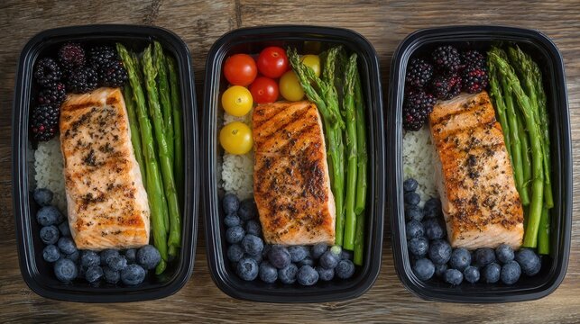 Three prepackaged containers display grilled fish fillets accompanied by fresh vegetables and berries