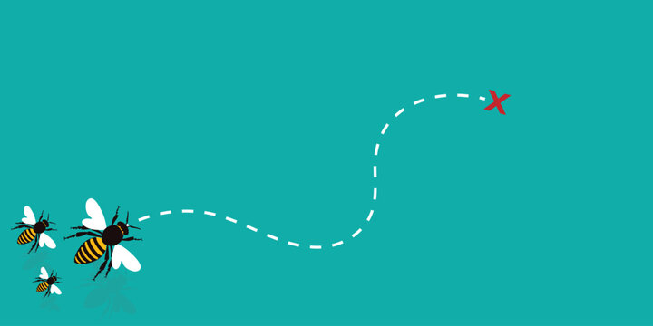 Background of a swarm of flying bees. Green banner of bees with a goal