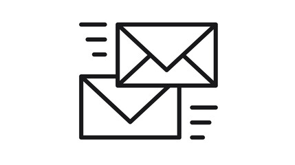 Minimalist black line art vector icon of two envelopes with motion lines, representing sending and receiving email messages, digital communication, and correspondence on a white background. © Arsalan
