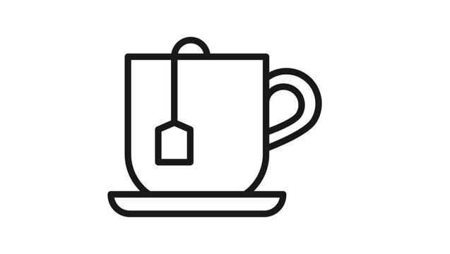 Minimalist black line art vector icon illustration of a tea cup with a tea bag and saucer, ideal for cafe branding, beverage menus, kitchen graphics, tea shop logos, and web design elements.