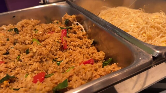 Video of Thai fried rice and noodles served in tray buffet style asian cuisine savory meal closeup warm appetizing food
