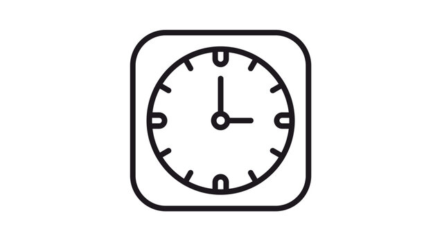 Minimalist black line art vector icon illustration of a clock face with hands showing three o'clock inside a rounded square frame, symbolizing time management, punctuality, and scheduling.