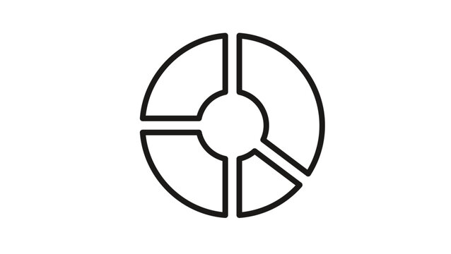 Black and white minimalist vector icon illustration of a donut chart with four distinct segments, representing data visualization, business analytics, financial reports, and statistics.