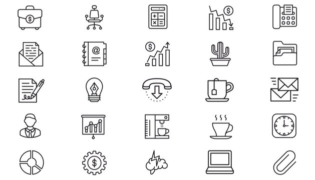 25 Black Vector Icon Set Collection: Minimalist Business, Finance, Office, and Communication Symbols. Includes Briefcase, Calculator, Charts, Laptop, Coffee, Brain, and Creative Idea Line Art.