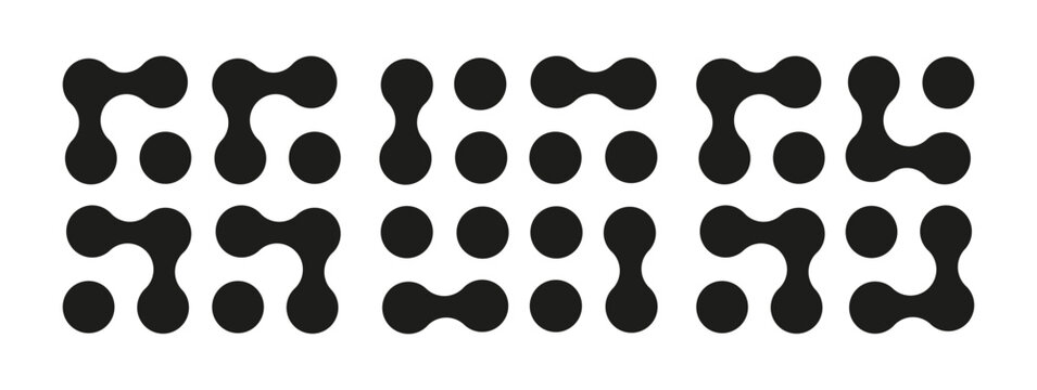 Metaball dot icons. Connected circles shape sign. Abstract integration symbols. Flat patterns. Morphing blobs. Points movement. Metaballs transition. Set of Logo, sticker template. Web design element.