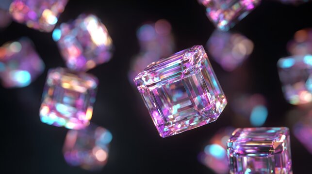 Numerous iridescent crystal-like objects float against a dark, abstract background