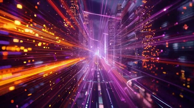 High-speed digital city infrastructure with glowing light trails and neural network connectivity (AI Generated)