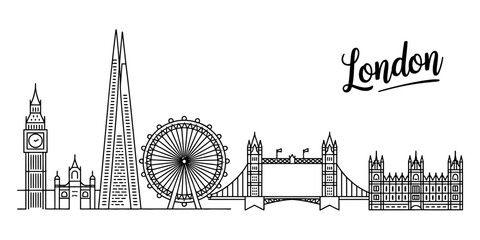 A detailed black and white line art illustration representing the famous london city skyline view Vector, illustration © Pabon Art Gallery