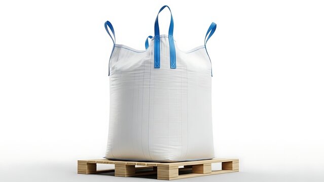 A large white bulk bag filled with material sits on a wooden pallet.