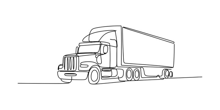 A minimalist single continuous line drawing of a large semi truck traveling on a simple road path Vector, illustration