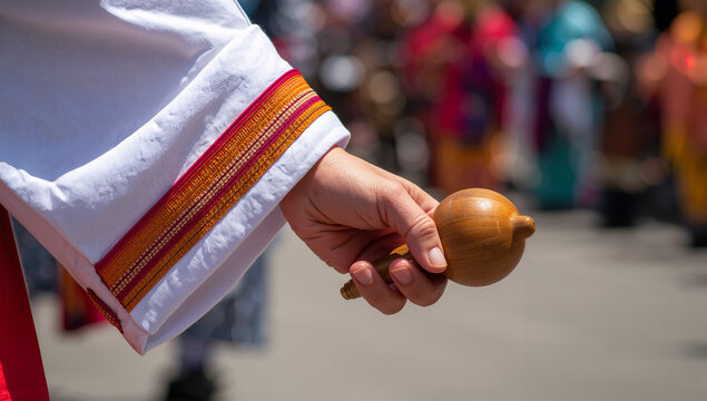 民族衣装の袖と音具を持つ手元を近くで捉えた祭りの写真