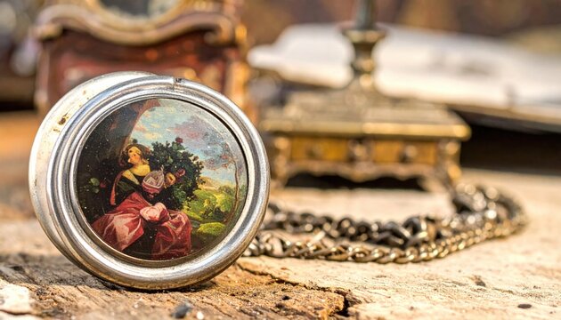 Tarnished antique silver locket with intricate etched patterns and painted scene, showcasing lost elegance.