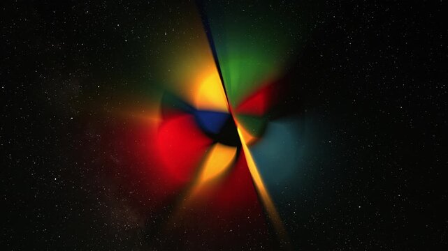 Abstract multicolor glow sphere with rays, science background. Bizzard planet structure in space, 4k