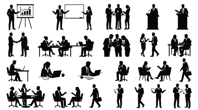 Collection of professional business people silhouettes featuring men and women in meetings, giving presentations, working on laptops, and shaking hands for corporate design work ideas