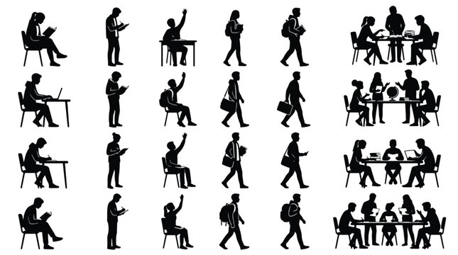 Comprehensive black silhouette set of students in diverse educational poses such as sitting at desks, walking with backpacks, reading books, raising hands, and studying in group teams