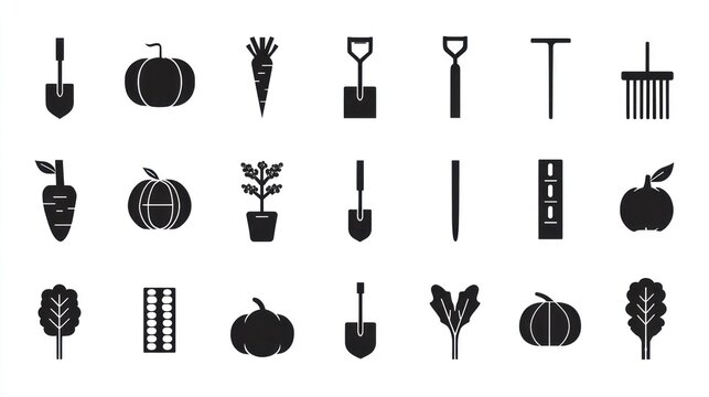 Collection of black silhouette icons representing various gardening tools, produce, and cultivated plants.