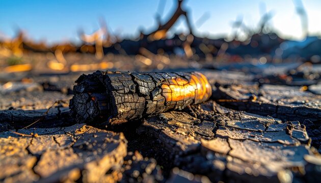 Close-up of a charred rubber tire tread, blackened and hardened by fire, lying on the scorched ground as a testament to destruction and its aftermath.