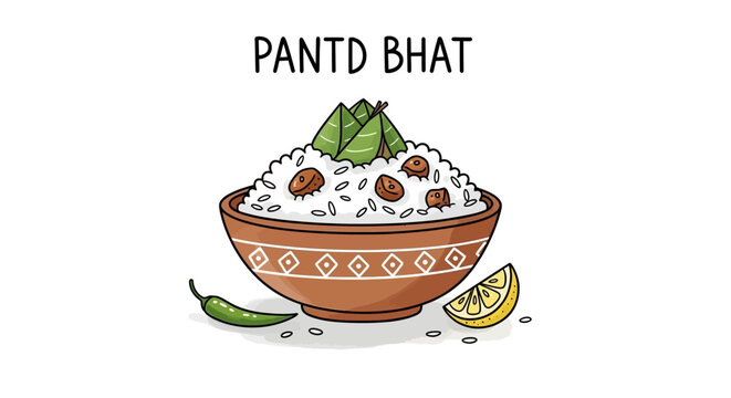 Traditional pantd bhat rice dish served in a bowl with green chili and lemon slice, cultural cuisine.