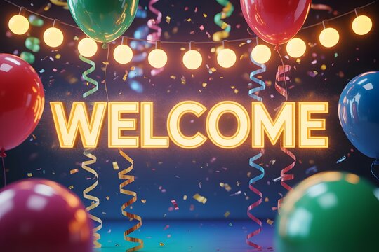 A vibrant welcome scene with colorful balloons and confetti
