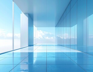 Fototapeta premium クリーンでモダンな企業のオフィス空間背景：柔らかな光が差し込むブルーのミニマルな廊下とプロフェッショナルな3Dインテリア素材