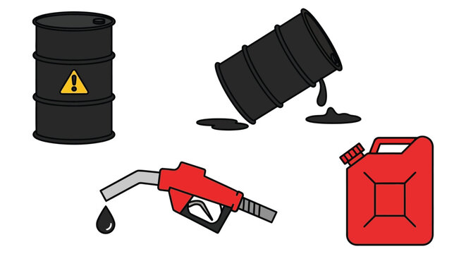 Oil barrels and gas cans in hazardous materials warning signs for industrial equipment and fuel storage