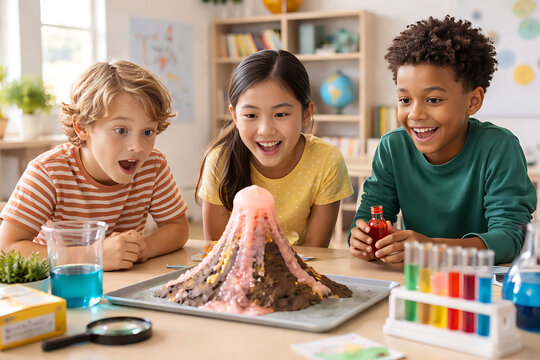 Excited children doing science experiment with volcano model, STEM education and creative learning