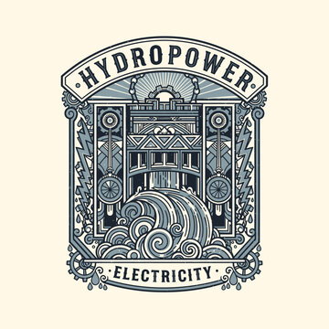 Hydropower electricity logo with wave and dam.