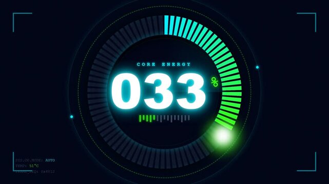 Immersive digital countdown timer interface displays glowing neon blue and green segments progressing towards completion on a dark technological display symbolizing urgency and futuristic