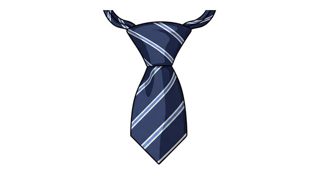 Isolated dark blue striped tie with white and light blue stripes, elegantly knotted on a plain white background, formal menswear accessory