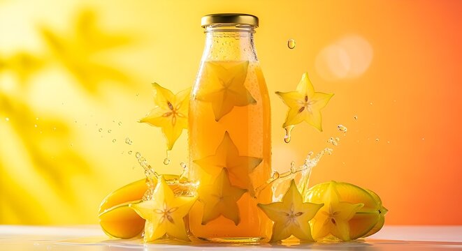 Refreshing carambola juice with vibrant fruits in a sunny background